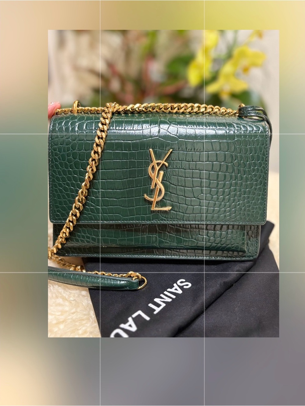 YSL SUNSET MEDIUM IN CROCODILE-EMBOSSED LEATHER, DARK GREEN. LIKE NEW CONDITION